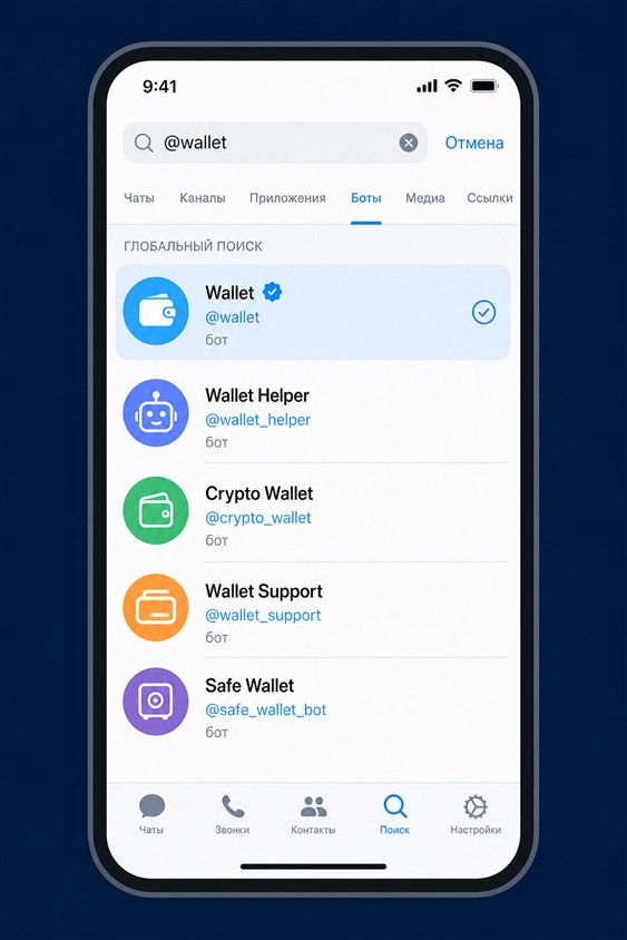 Поиск официального бота Wallet в Telegram