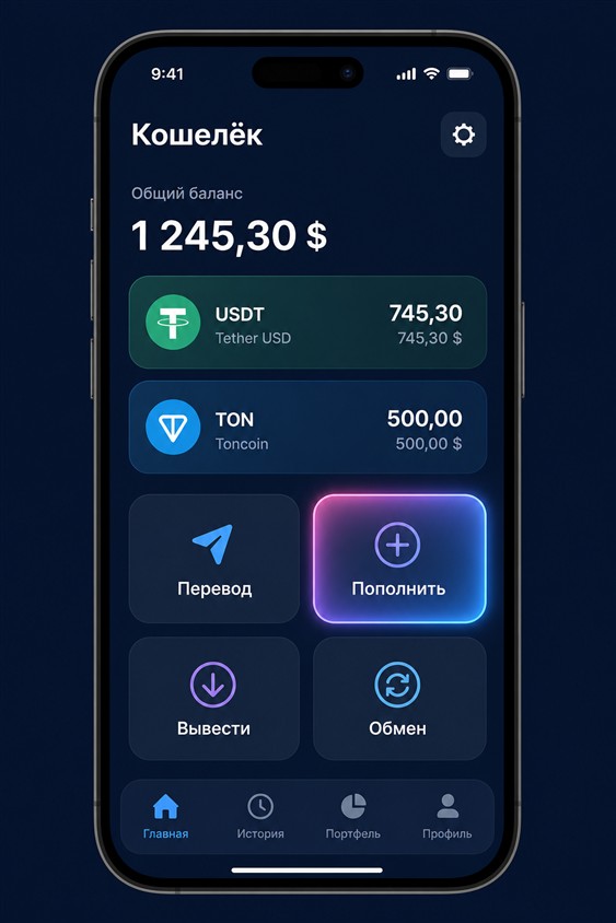 Главный экран Telegram Wallet с кнопкой Пополнить