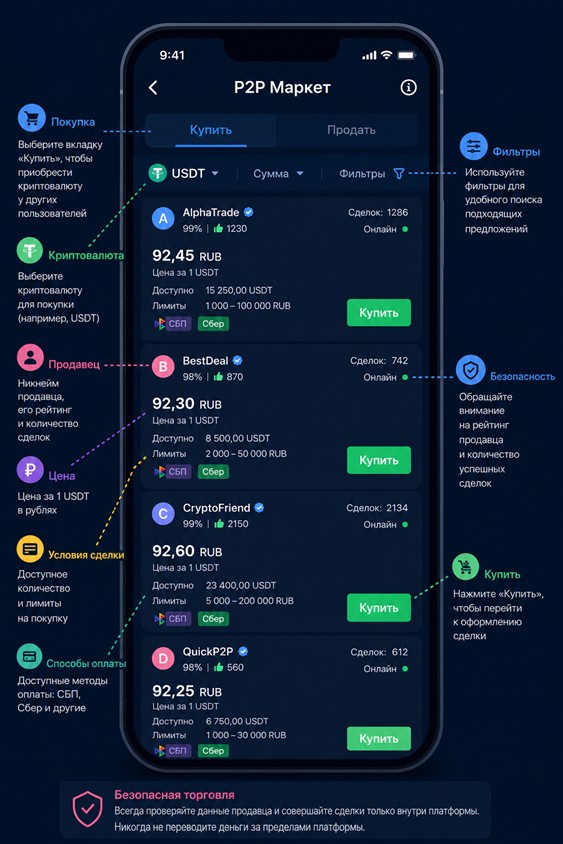 P2P Маркет: список предложений на покупку USDT